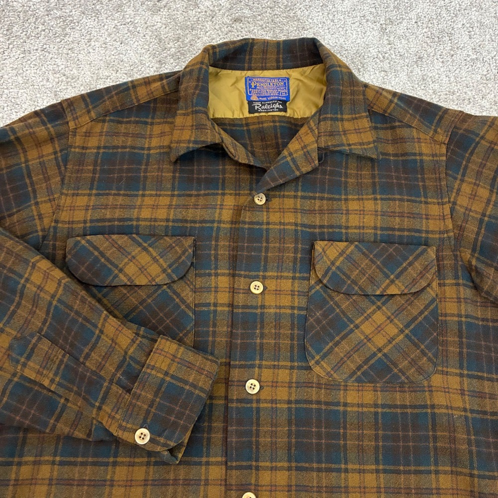 Vintage Pendleton Wool Mens Medium Loop Collar Raleighs Plaid Brown Flannel